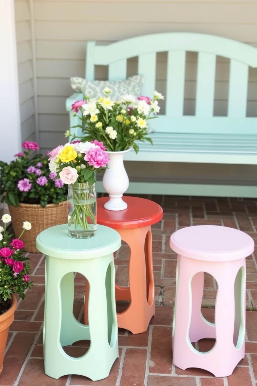 Charming garden stools for extra seating. These colorful stools are placed strategically around a patio area, providing both functionality and a pop of color to the outdoor space. Spring entryway decorating ideas. Fresh flowers in a vase greet visitors, while a pastel-colored bench offers a welcoming spot to sit and remove shoes.