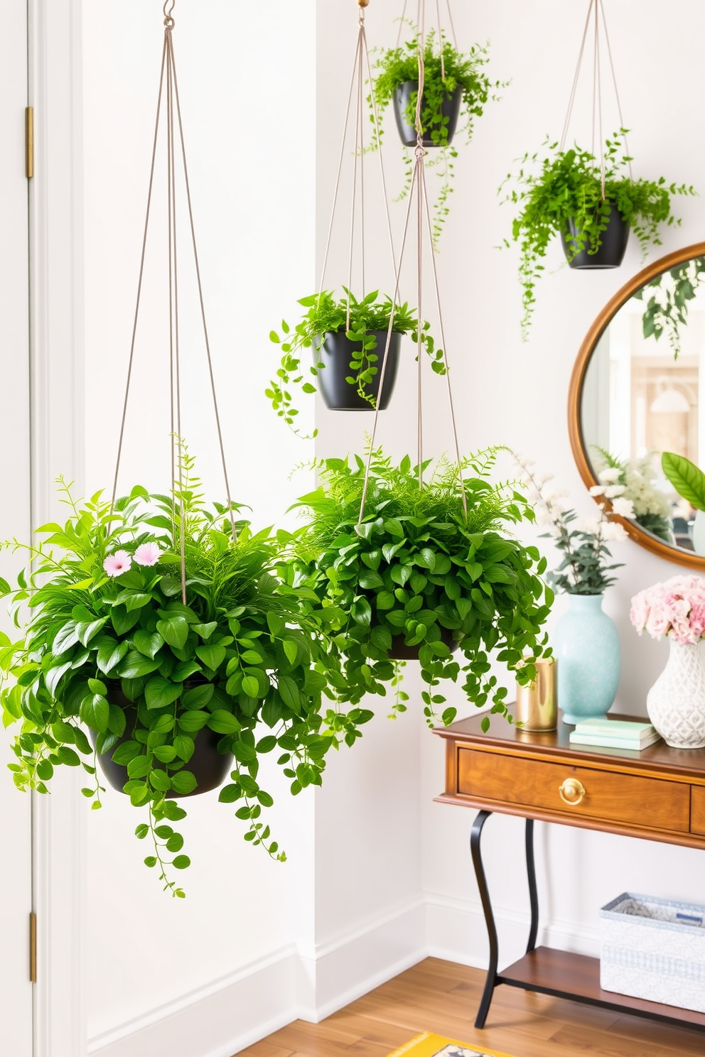 Hanging planters filled with vibrant greenery create a refreshing vertical interest in the entryway. The planters are suspended at varying heights, adding depth and a touch of nature to the space. Incorporate seasonal decor with pastel-colored accents and floral arrangements to welcome the spring season. A stylish console table adorned with decorative objects and a cheerful welcome mat completes the inviting atmosphere.