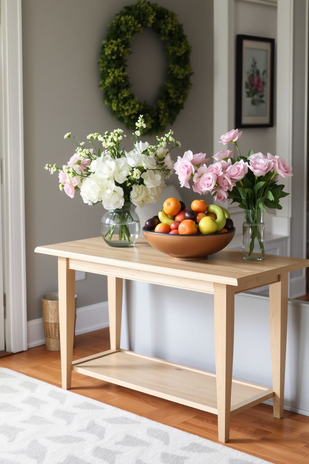 A fresh fruit bowl is placed on a light wooden console table in the entryway. The vibrant colors of the fruits create a cheerful atmosphere, inviting guests into the home. Floral arrangements in pastel hues are displayed alongside the fruit bowl, enhancing the spring theme. A soft area rug in a subtle pattern adds warmth to the entryway, completing the inviting look.