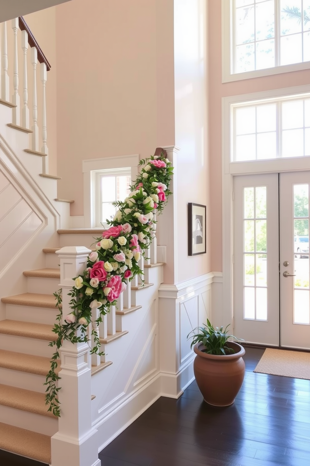 A bright and inviting entryway features a staircase adorned with a lush floral garland that gracefully drapes along the railing. The space is enhanced by soft pastel colors and natural light streaming in through large windows, creating a cheerful atmosphere.