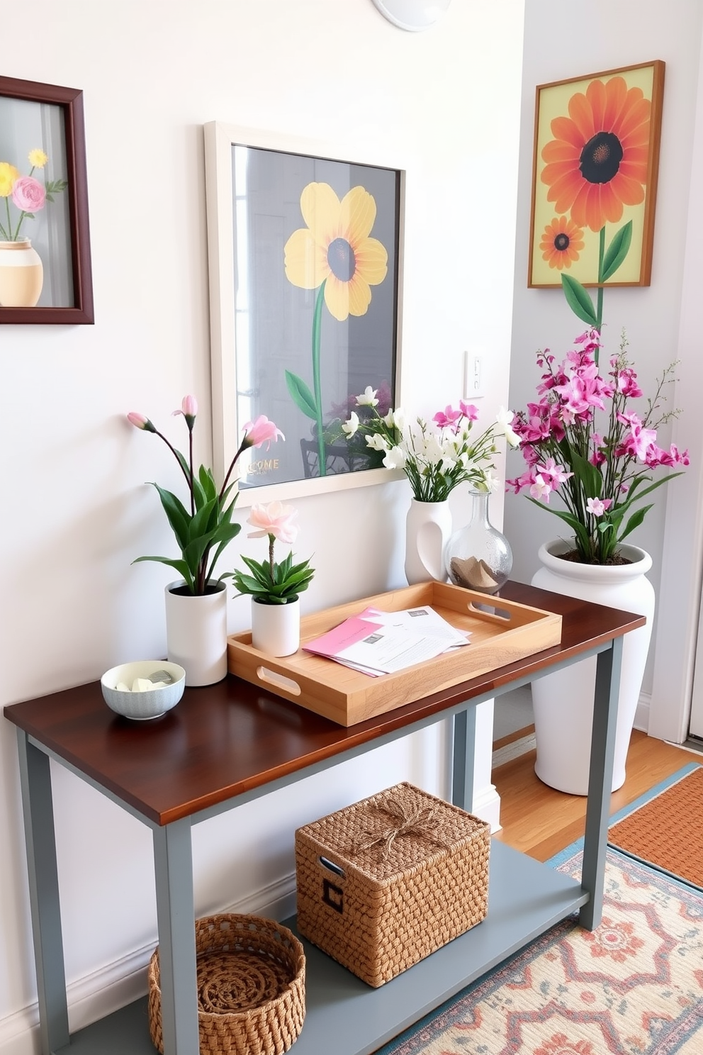 A bright and inviting entryway features a stylish console table adorned with a decorative tray for keys and mail. The tray is crafted from natural wood and is complemented by a small potted plant and a decorative bowl for loose change. Spring-inspired decor adds a fresh touch with pastel-colored accents and floral arrangements. A cheerful welcome mat and vibrant wall art enhance the space, creating a warm and welcoming atmosphere.