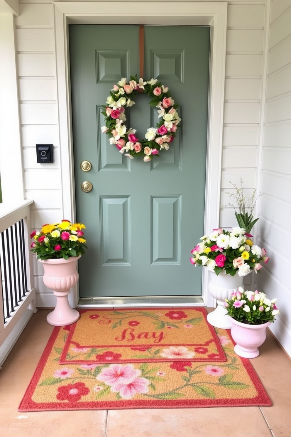 A charming entryway adorned with layered doormats creates an inviting atmosphere. The top mat features a vibrant floral pattern while the bottom mat is a solid, neutral tone that complements the surrounding decor. Fresh spring accents bring life to the space with pastel-colored planters filled with seasonal blooms. A cheerful wreath made of blossoms hangs on the door, welcoming guests with a touch of nature's beauty.