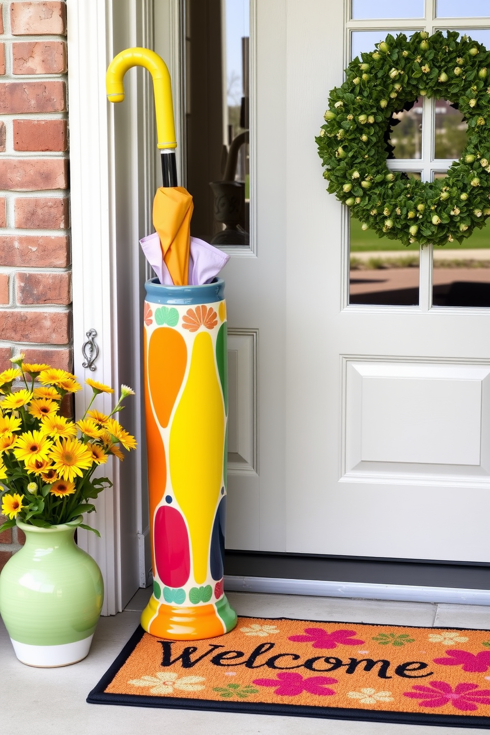 A vibrant umbrella stand made of ceramic stands prominently by the door, showcasing a mix of bright colors that instantly uplift the entryway. Surrounding the stand are fresh flowers in a coordinating vase and a cheerful welcome mat that complements the spring theme.