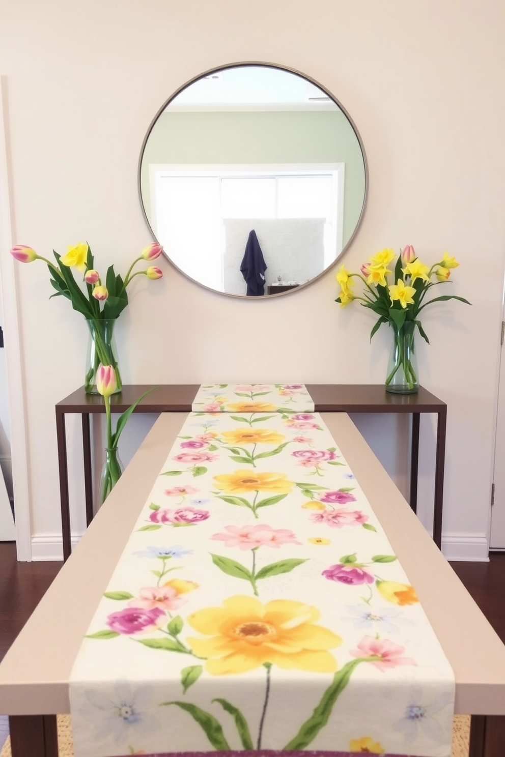 A spring-themed table runner adorns a sleek console table, featuring pastel floral patterns that bring a fresh vibe to the entryway. Flanking the runner, there are decorative vases filled with vibrant tulips and daffodils, creating a cheerful and inviting atmosphere. The walls are painted in a soft cream color, enhancing the brightness of the space. A large round mirror hangs above the console, reflecting the natural light and making the entryway feel more open and airy.