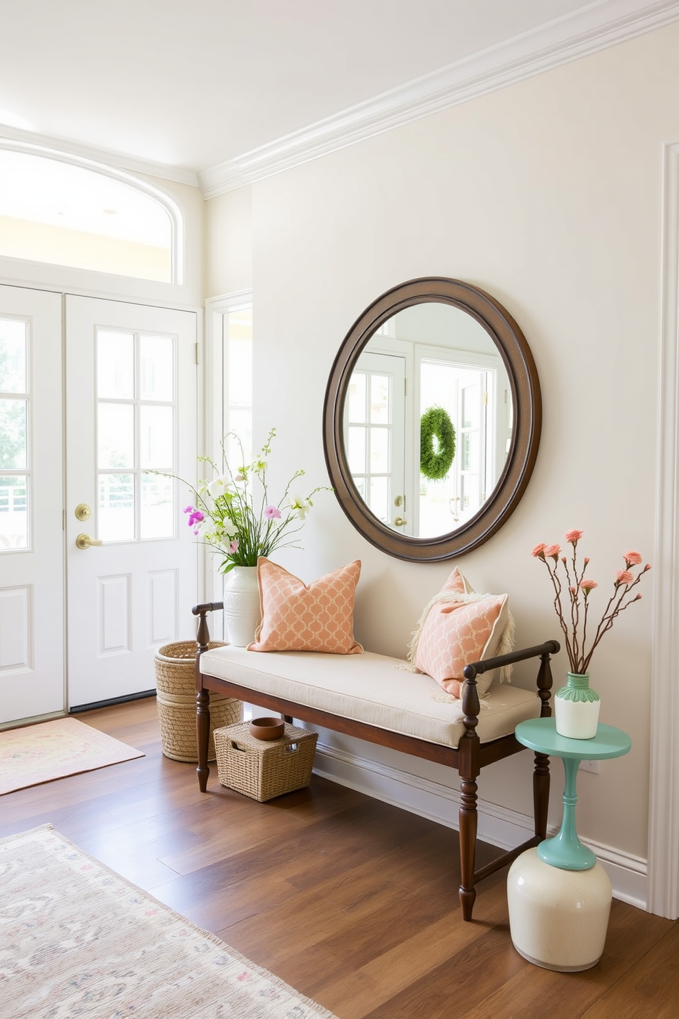 A bright and welcoming entryway filled with natural light. The focal point is a large round mirror that reflects the surrounding space, enhancing the openness of the area. Vibrant spring decor adorns the space, featuring fresh flowers in a stylish vase and pastel-colored accents. A cozy bench with decorative pillows offers a perfect spot for guests to sit and remove their shoes.