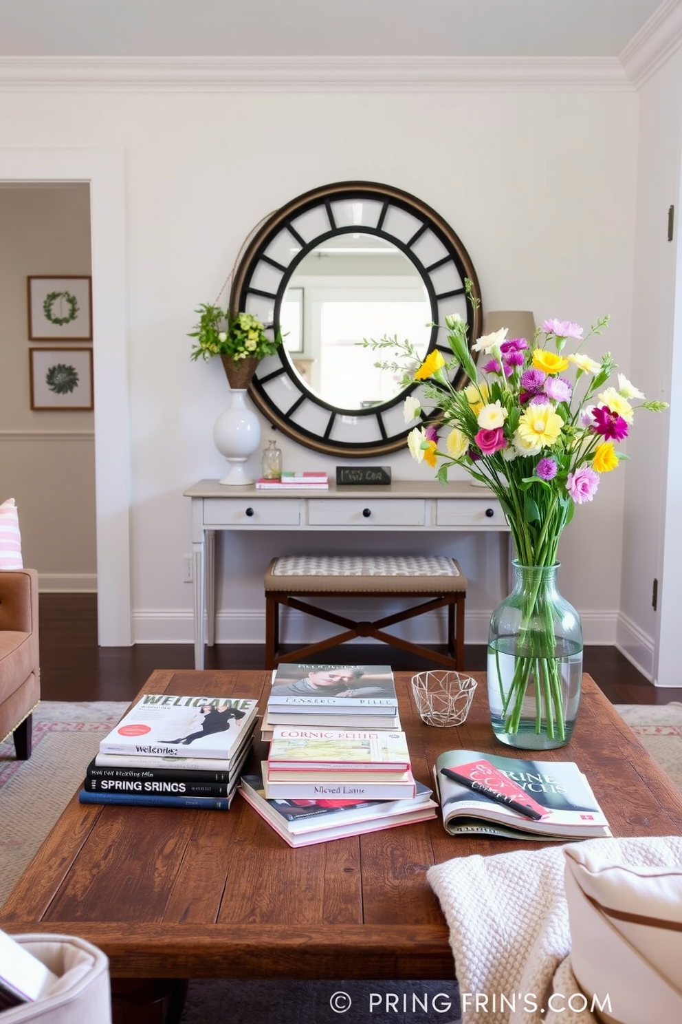 Artful arrangement of spring books and magazines on a rustic wooden coffee table. The table is surrounded by a cozy seating area featuring pastel-colored cushions and a soft throw blanket. Spring entryway decorating ideas include a welcoming console table adorned with fresh flowers in a vibrant vase. The walls are painted in a light, airy hue, complemented by a stylish mirror and a small bench for convenience.