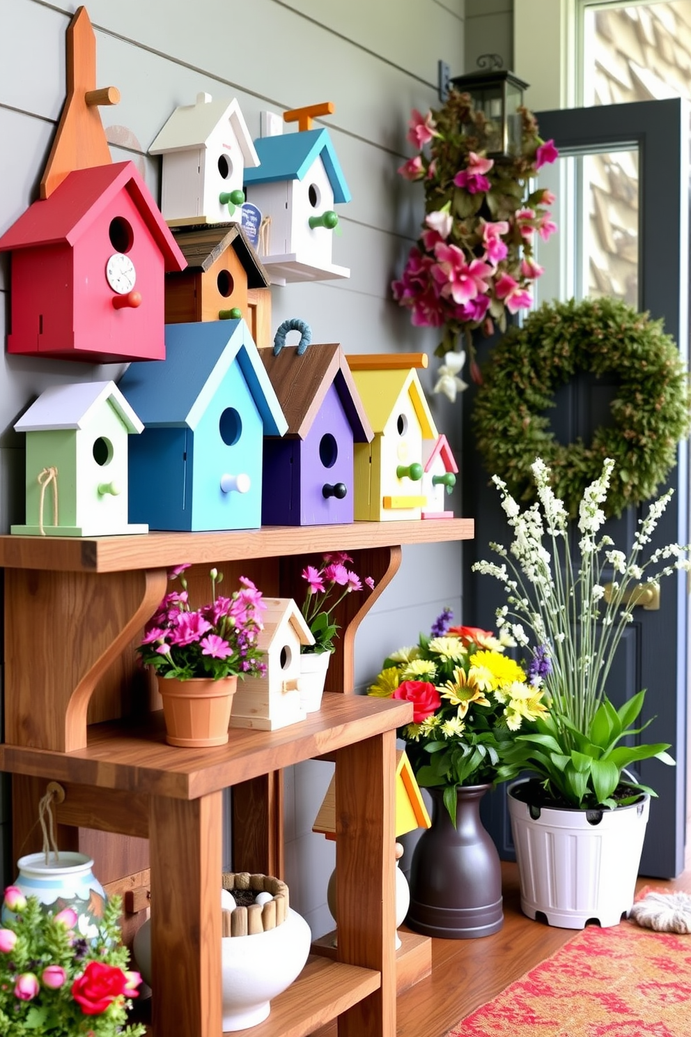 A collection of whimsical birdhouses in various colors and shapes is displayed along a charming wooden shelf. The entryway is adorned with vibrant floral arrangements and playful accents that evoke the spirit of spring.