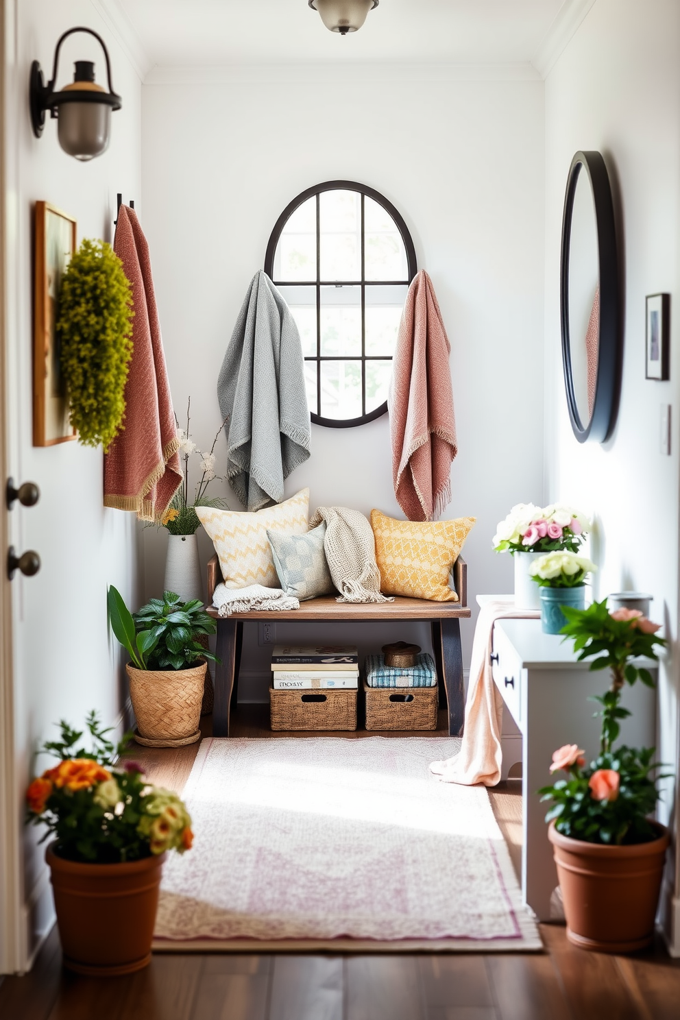 A bright and inviting entryway adorned with seasonal throw blankets in soft pastel colors. The space features a rustic wooden bench with a few neatly folded blankets draped over it, surrounded by potted plants and cheerful floral accents. A welcoming atmosphere is created with a mix of textures and patterns in the throw blankets, enhancing the cozy appeal. The walls are painted in a light, airy hue, complemented by a stylish mirror that reflects natural light into the space.