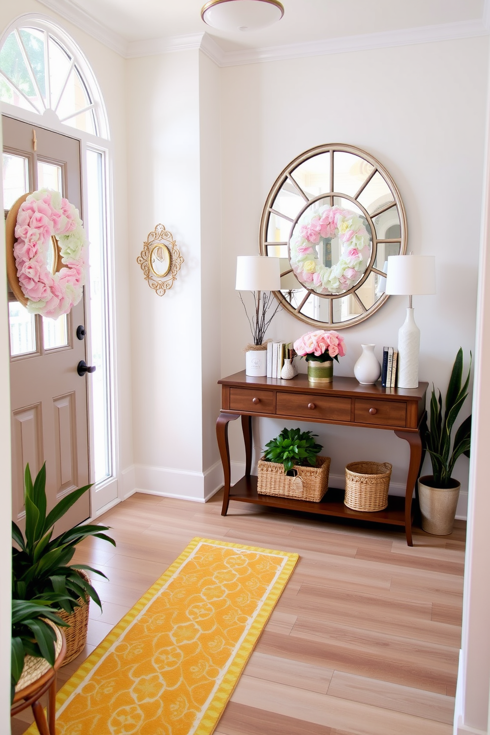 A bright and inviting entryway features decorative mirrors that enhance the sense of space and light. The walls are adorned with soft pastel colors, and a stylish console table holds fresh flowers and seasonal decor. Spring elements are incorporated with cheerful accents like a pastel-colored wreath on the door and a vibrant runner on the floor. Potted plants and decorative baskets add warmth and a touch of nature to the overall design.