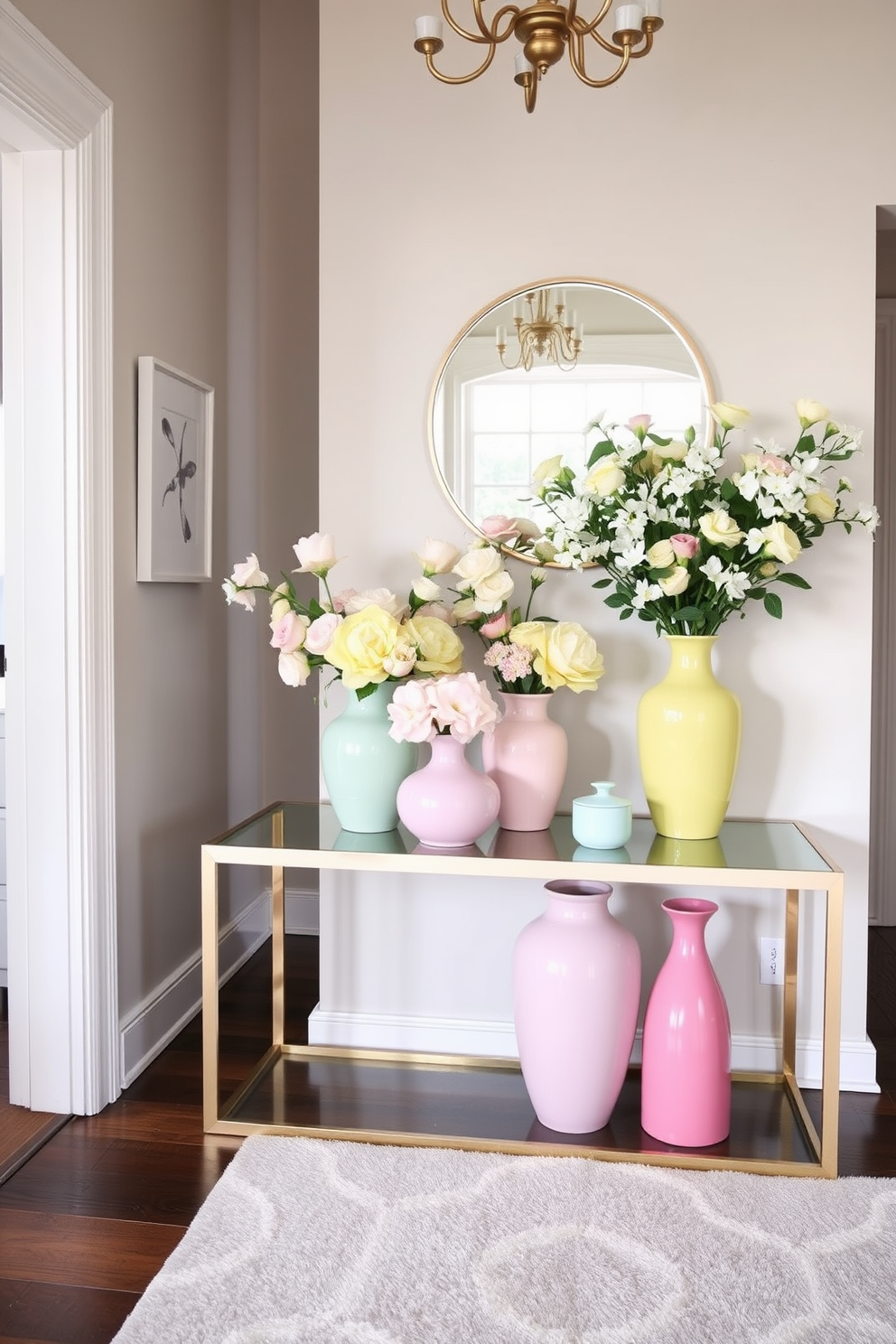 A charming entryway adorned with pastel-colored vases filled with fresh flowers. The vases are arranged on a sleek console table, which is paired with a soft area rug that complements the pastel tones.