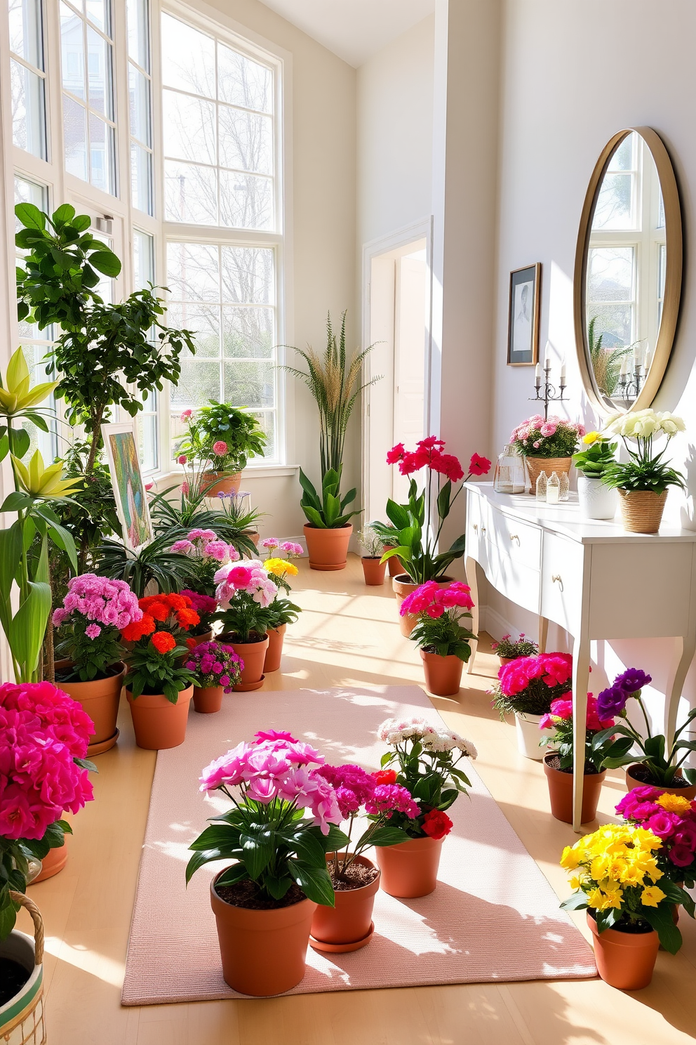 A vibrant entryway filled with potted flowers in various colors. The space is bright and inviting with natural light streaming in through large windows. The floor is adorned with a light-colored rug that complements the flower pots. A stylish console table is positioned against the wall, decorated with a few decorative items and a mirror above it.