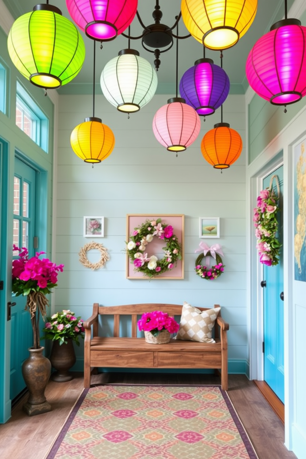 Brightly colored lanterns hang from the ceiling, casting a warm and inviting glow throughout the space. The entryway features a cheerful color palette with vibrant floral arrangements and a rustic wooden bench. Spring-inspired decor adorns the walls, including pastel-hued artwork and seasonal wreaths. A patterned runner leads guests into the home, enhancing the welcoming atmosphere.