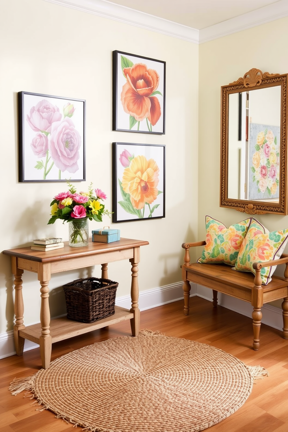 A bright and cheerful entryway adorned with spring-themed wall art featuring floral prints in vibrant colors. The walls are painted in a soft pastel hue, and a rustic console table is placed against one wall, decorated with fresh flowers in a glass vase. On the floor, a woven jute rug adds texture, while a pair of colorful, patterned cushions are placed on a nearby bench. A large mirror with a decorative frame reflects the lively art, creating an inviting atmosphere that welcomes guests into the home.