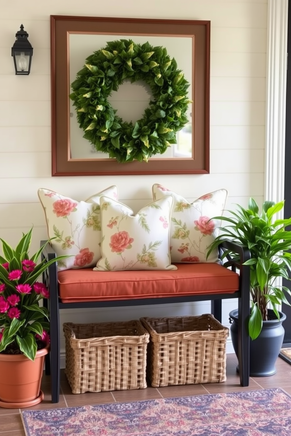 Soft throw pillows in floral patterns adorn a cozy entryway bench. The bench is flanked by a pair of vibrant potted plants, welcoming guests with a touch of nature.