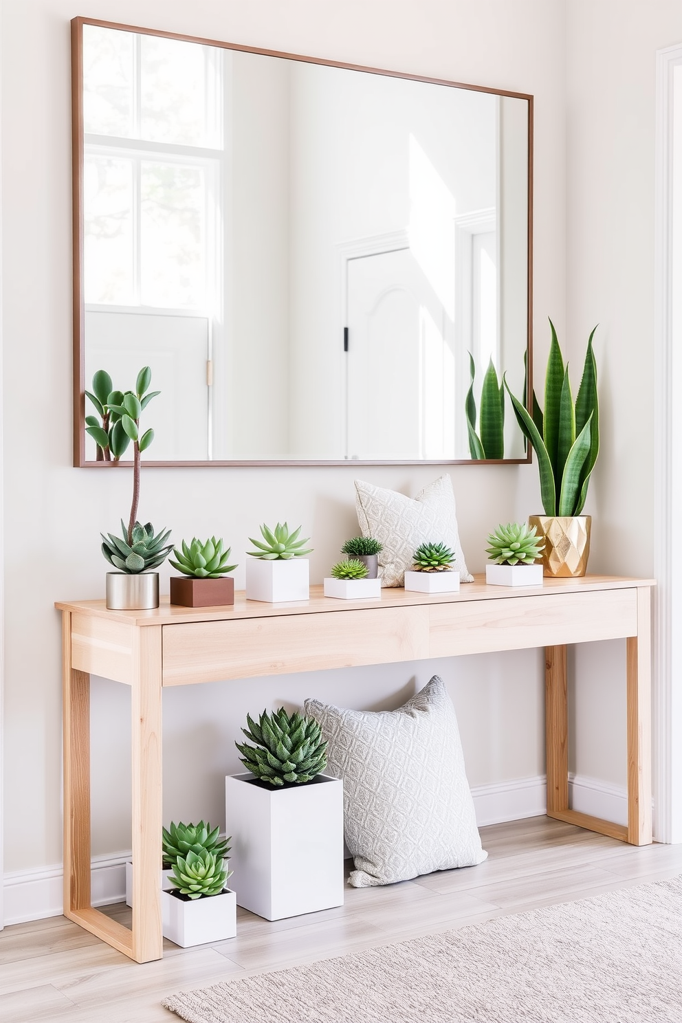 A stunning entryway featuring a collection of succulent arrangements displayed in sleek geometric planters. The vibrant greens of the succulents contrast beautifully with a minimalist console table in a light wood finish. The entryway is adorned with a large mirror that reflects natural light, enhancing the space's openness. Soft pastel accents, such as a decorative throw pillow and a small rug, add warmth and style to the modern aesthetic.