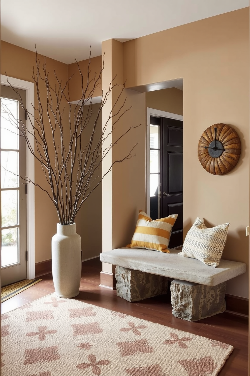 A serene entryway filled with natural elements. Branches elegantly arranged in a tall vase create a welcoming focal point beside a smooth stone bench. The walls are adorned with soft earth-toned paint, enhancing the warmth of the space. A woven rug with organic patterns lies beneath, inviting guests to step inside.