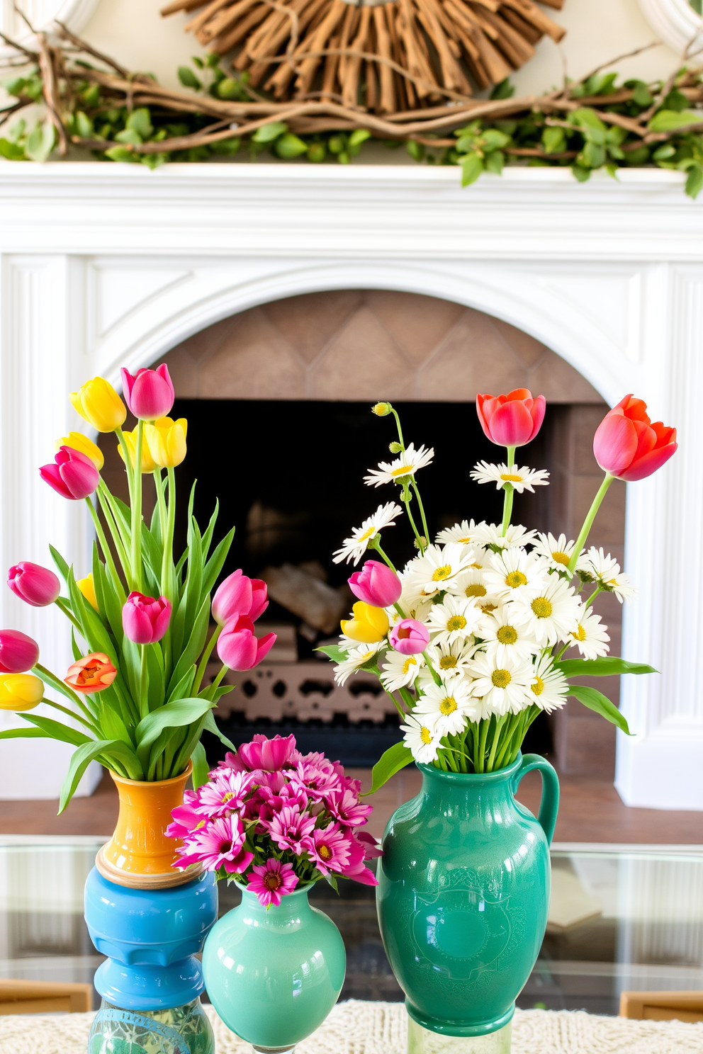 Fresh flowers in vibrant vases bring a burst of color and life to any room. Arrange a mix of tulips and daisies in ceramic vases to enhance the cheerful ambiance. Spring fireplace decorating ideas can transform your space into a cozy retreat. Use natural elements like branches and greenery to create a fresh and inviting focal point.