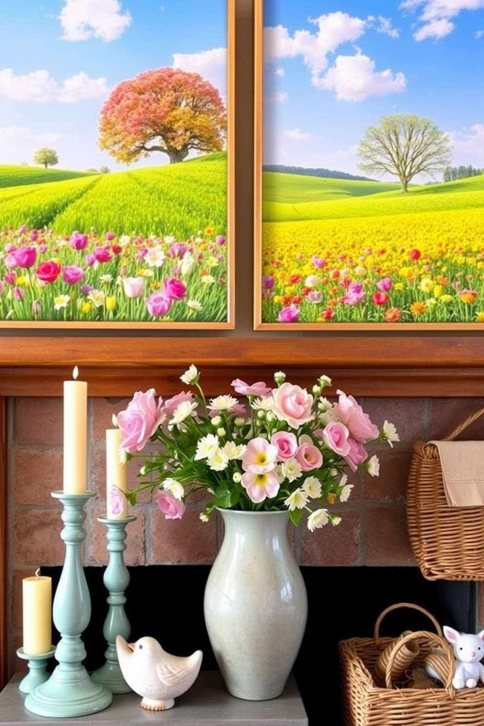 Art prints featuring spring landscapes. The prints should depict vibrant flowers in bloom, lush green fields, and clear blue skies, creating a refreshing and uplifting atmosphere. Spring fireplace decorating ideas. The fireplace mantel should be adorned with pastel-colored candles, fresh flowers in a vase, and decorative elements like small bird figurines and woven baskets for a cozy, seasonal touch.