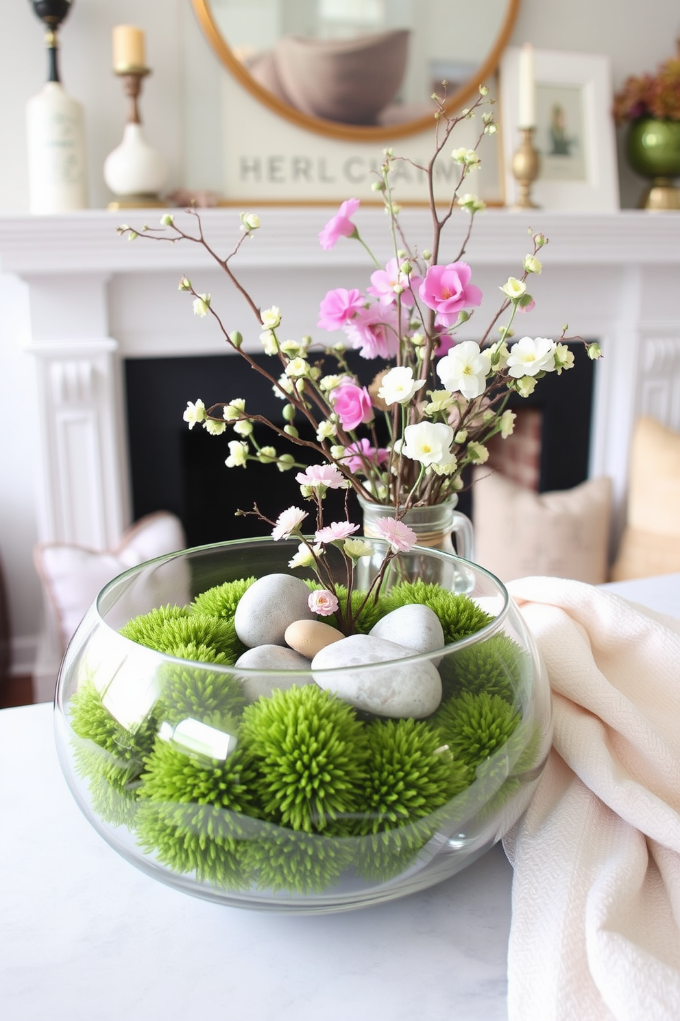 Moss arrangements create a serene and natural ambiance in any space. Use various shades of green moss to fill a decorative bowl or terrarium, adding stones and twigs for texture. For spring fireplace decorating, incorporate fresh flowers and pastel-colored accents. Arrange a mix of seasonal blooms in a vase on the mantel, complemented by light, airy fabrics draped nearby.