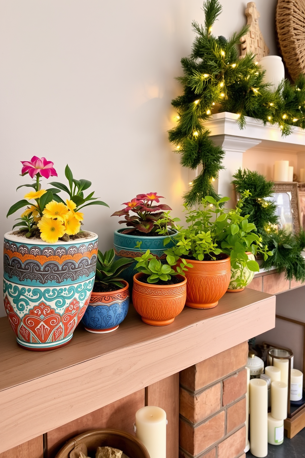 Brightly colored ceramic pots filled with vibrant plants are arranged on a rustic wooden shelf. The pots feature intricate designs and a variety of textures, adding a lively touch to the space. A cozy fireplace is adorned with seasonal decorations, including garlands of fresh greenery and twinkling fairy lights. The mantel showcases an assortment of candles and small decorative items, creating a warm and inviting atmosphere.