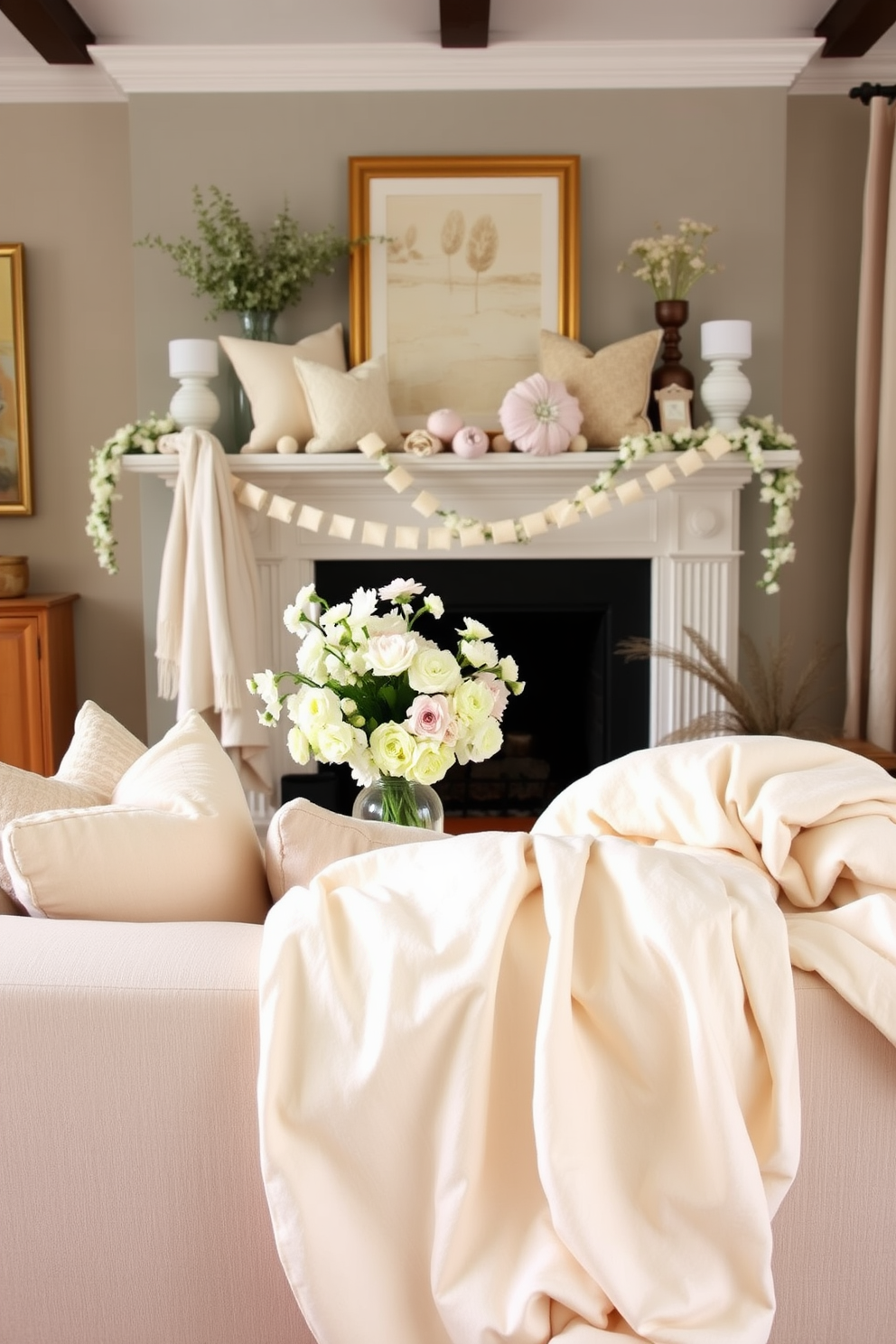 A cozy living room featuring a spring-inspired fireplace decor. The mantel is adorned with a mix of pastel-colored throws and cushions, creating a warm and inviting atmosphere. Soft, layered textiles drape elegantly across the seating area, adding depth and comfort. Fresh flowers in a vase complement the seasonal theme, bringing a touch of nature indoors.