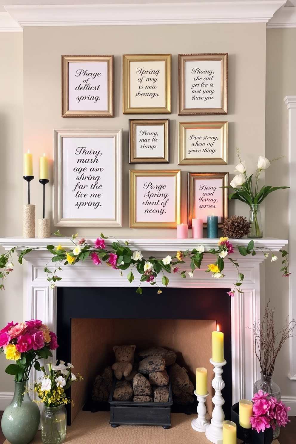 Charming framed quotes about spring. The quotes are displayed in elegant frames with pastel colors, arranged in a gallery wall format that brings warmth and inspiration to the space. Spring fireplace decorating ideas. The fireplace mantel is adorned with fresh flowers, colorful candles, and seasonal decor, creating a cozy and inviting atmosphere perfect for the spring season.