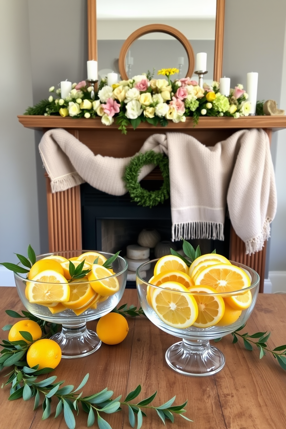 Lemon and orange slices are artfully arranged in clear glass bowls, showcasing their vibrant colors and fresh appeal. The bowls are placed on a rustic wooden table, surrounded by greenery to enhance the bright, citrusy theme. A cozy fireplace is adorned with seasonal decorations, featuring pastel-colored flowers and delicate candles. The mantel is draped with a soft, textured blanket, creating a warm and inviting atmosphere for spring gatherings.