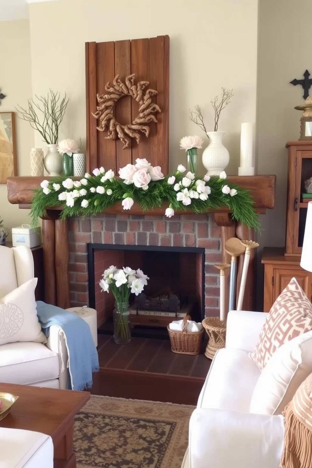 A cozy living room featuring rustic wooden accents that add warmth and charm. The focal point is a beautifully decorated fireplace adorned with spring-themed decor, including fresh flowers and pastel-colored accents.