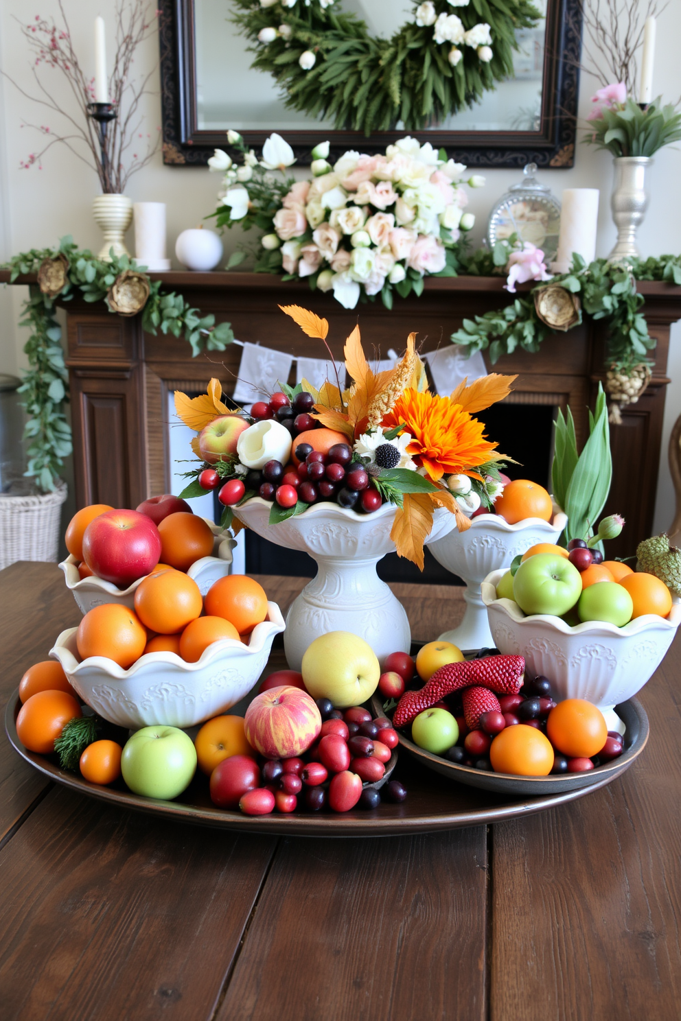 A vibrant seasonal fruit display is arranged in a collection of decorative bowls on a rustic wooden table. The bowls are filled with an assortment of colorful fruits such as oranges, apples, and berries, creating a fresh and inviting centerpiece. The fireplace is adorned with seasonal decorations that reflect the warmth of spring. Delicate floral arrangements and soft pastel accents are placed on the mantel, enhancing the cozy atmosphere of the living space.