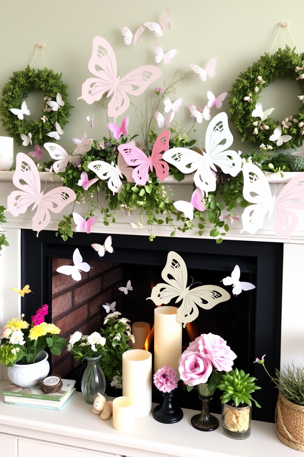 A whimsical fireplace mantel adorned with delicate butterfly cutouts in various pastel colors creates a playful atmosphere. The butterflies are artfully arranged among fresh spring flowers and soft greenery, enhancing the seasonal charm of the fireplace. The mantel is topped with a cheerful display of decorative items, including candles and small potted plants. A light, airy color palette complements the overall design, inviting warmth and joy into the space.