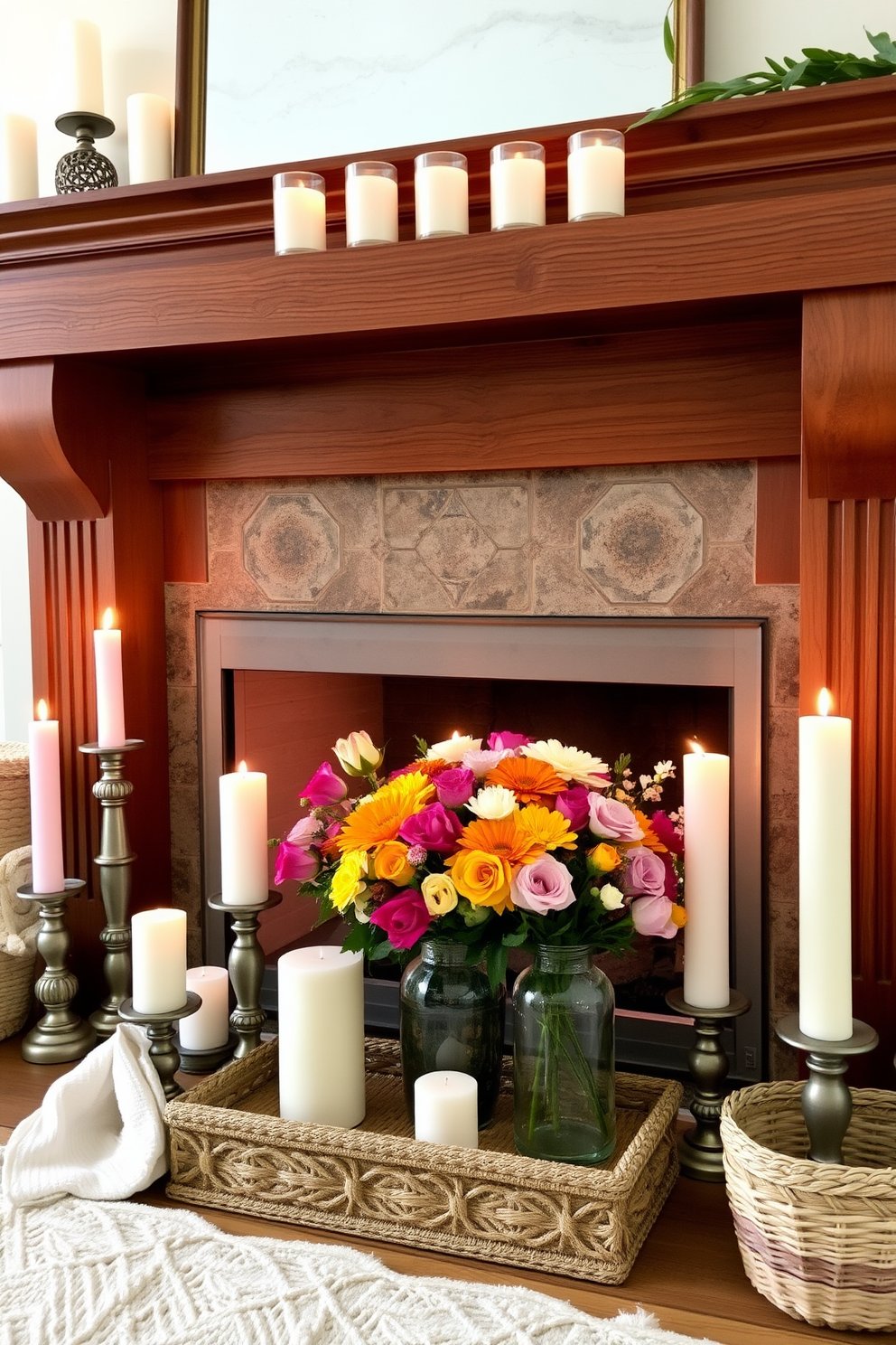 A collection of pastel-colored candles arranged on a wooden mantel creates a soft and inviting ambiance. The flickering light from the candles casts a warm glow, enhancing the cozy atmosphere of the room. Decorate the fireplace with fresh spring flowers in vibrant hues placed in elegant vases. Incorporate decorative elements like woven baskets and soft throws to complement the seasonal theme.