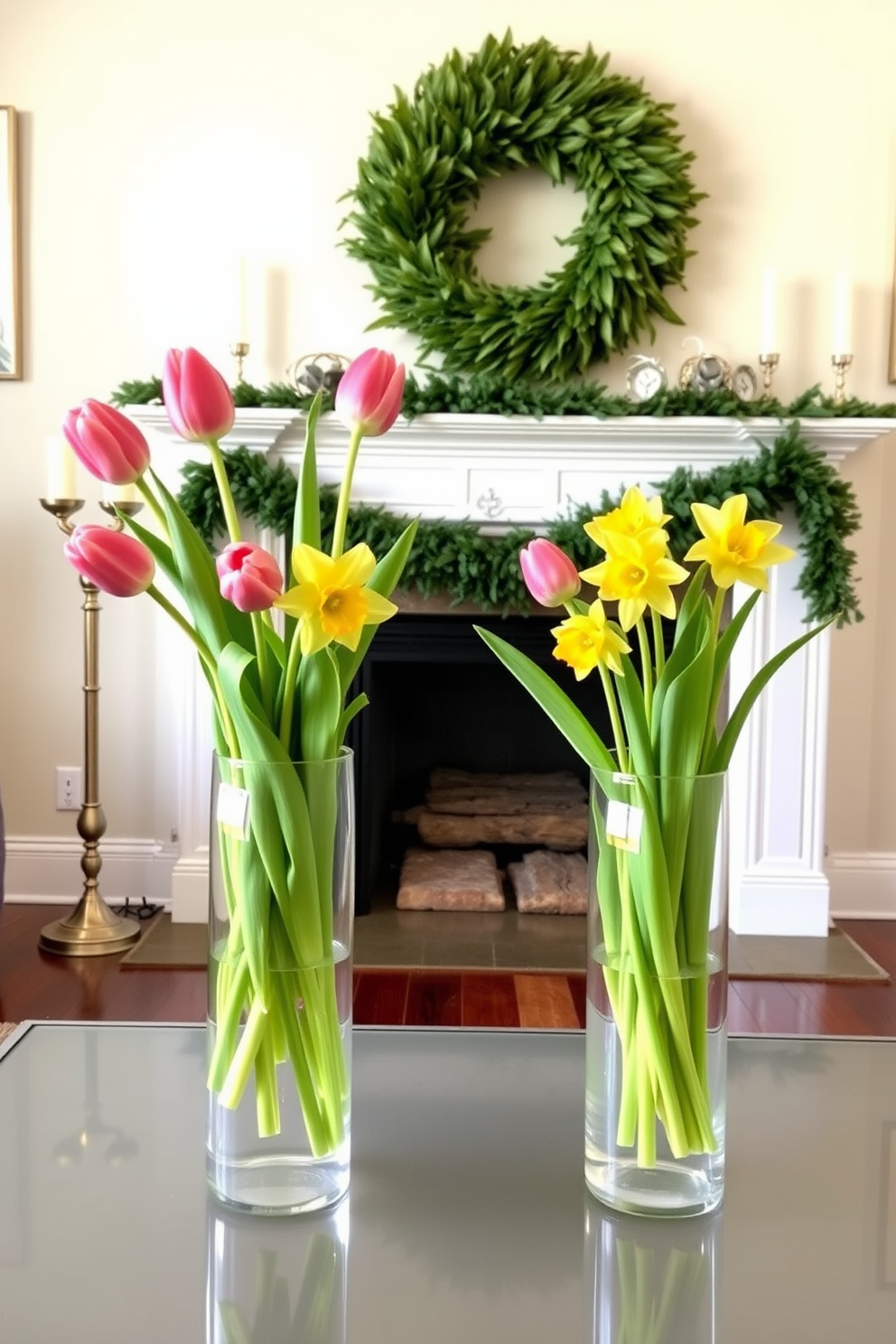 Chic vases filled with vibrant tulips or cheerful daffodils are arranged on a sleek coffee table. The vases are made of clear glass, showcasing the fresh stems and bright blooms, adding a pop of color to the room. The fireplace is elegantly decorated for spring with a garland of greenery draped across the mantel. On either side of the fireplace, stylish candle holders with white candles complement the seasonal decor, creating a warm and inviting atmosphere.