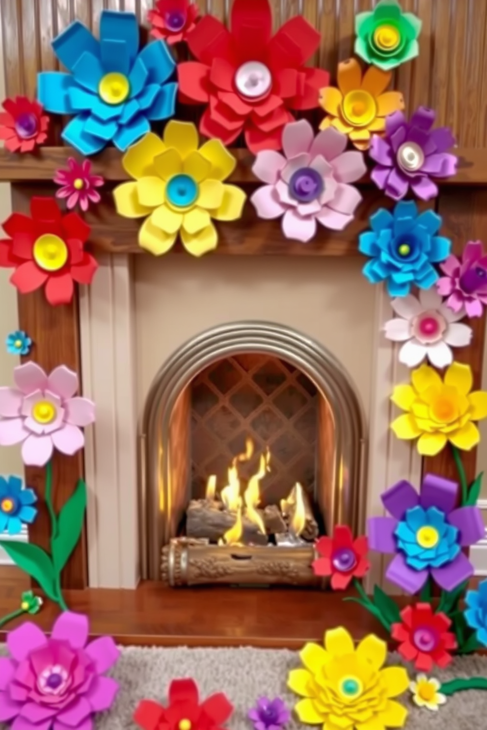 Colorful paper flowers in various sizes are arranged artistically around a cozy fireplace. The vibrant hues of the flowers contrast beautifully with the warm tones of the wooden mantel and the soft glow of the flames.