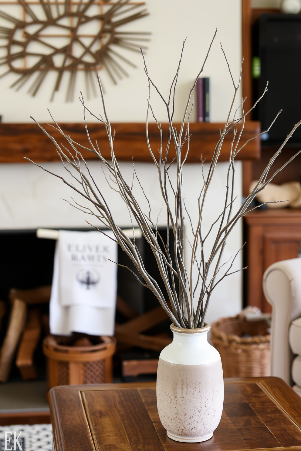 A cozy living room featuring a rustic fireplace adorned with simple twig arrangements. The twigs are artfully placed in a ceramic vase, enhancing the natural feel of the space while complementing the warm tones of the wooden mantel.