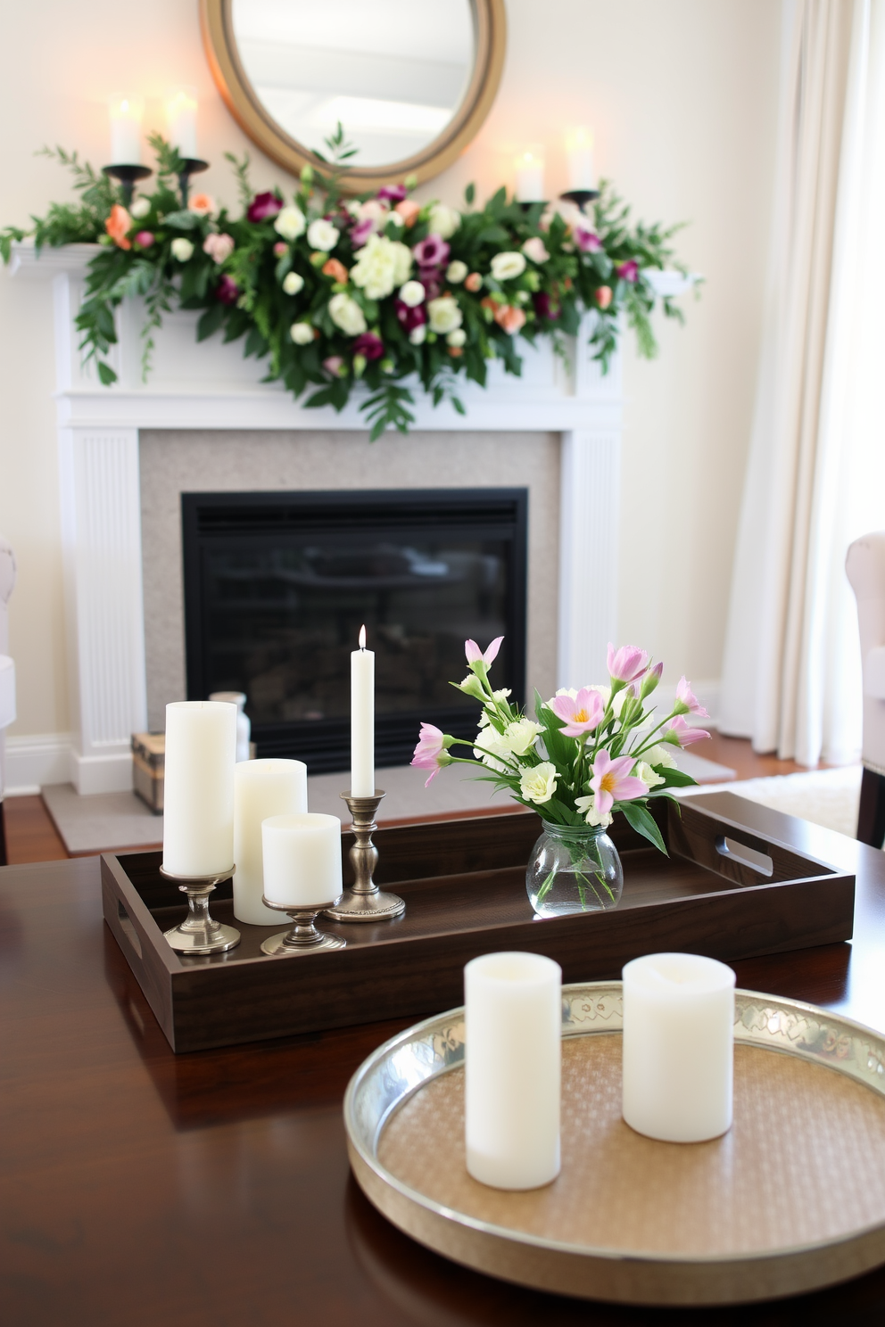 A cozy living room scene featuring a beautifully arranged decorative tray on a coffee table. The tray holds an assortment of candles in varying heights and a small vase filled with fresh spring flowers. The fireplace is elegantly decorated with a garland of greenery and colorful blooms. Soft lighting from the candles creates a warm and inviting atmosphere, perfect for a spring gathering.