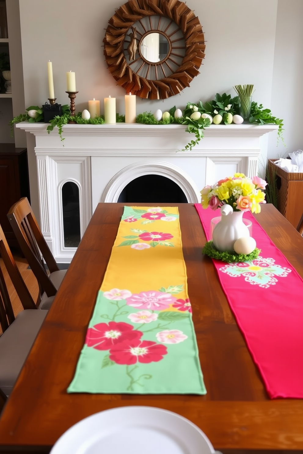 Bright table runners in vibrant colors adorn a long wooden dining table, adding a cheerful touch to the space. The runners feature floral patterns that complement the surrounding decor, creating a lively atmosphere for gatherings. The fireplace is elegantly decorated with spring-themed accents, including pastel-colored candles and fresh flowers in a ceramic vase. Surrounding the fireplace, soft greenery and decorative eggs enhance the seasonal charm, inviting warmth and joy into the room.