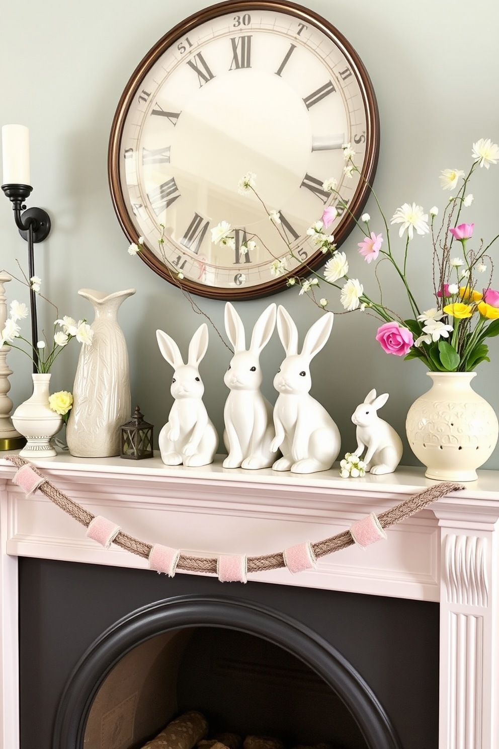 Ceramic rabbits are artfully arranged among an array of decorative elements on a stylish mantel. The fireplace is adorned with fresh spring flowers and pastel-colored accents, creating a warm and inviting atmosphere.