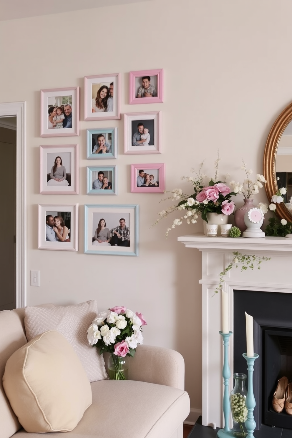 A cozy living room adorned with pastel picture frames displaying family photos on a light-colored wall. The frames are arranged in a gallery style, showcasing memories in soft hues that complement the room's decor. Next to the fireplace, a charming mantel is decorated with spring-themed accents. Fresh flowers in soft pastels, along with decorative candles, create a warm and inviting atmosphere.