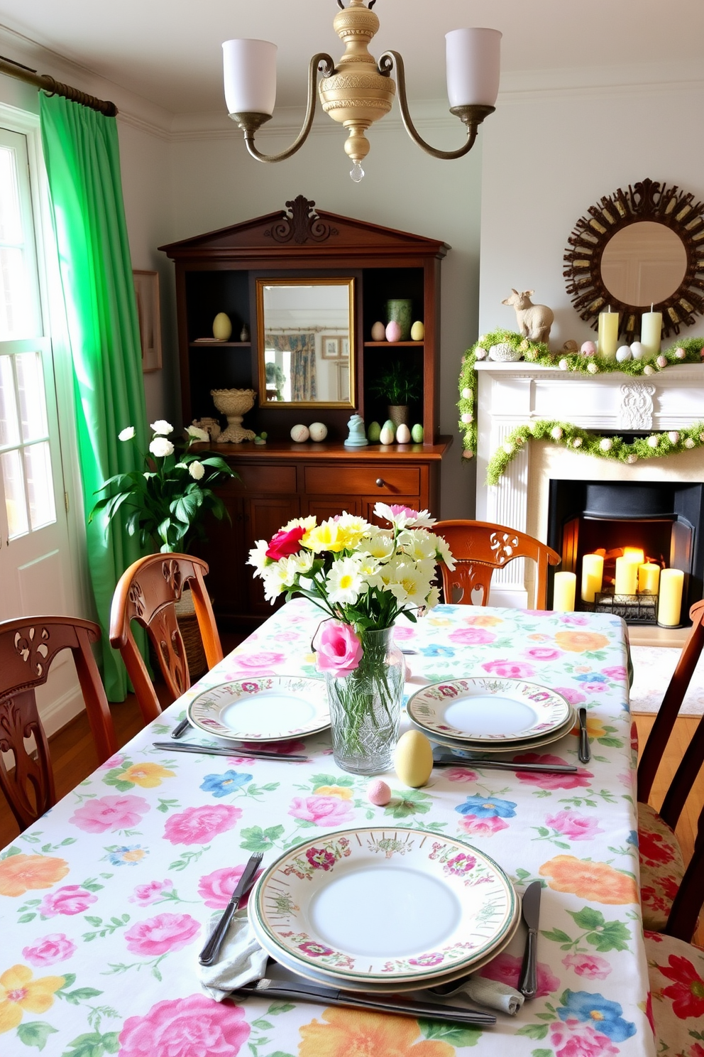 A bright dining room adorned with floral tablecloths in vibrant colors. The table is set for brunch, featuring mismatched vintage plates and fresh flowers in a glass vase. A cozy living room with a warm fireplace decorated for spring. The mantel is adorned with pastel-colored garlands, and a few decorative eggs are placed artfully among candles.