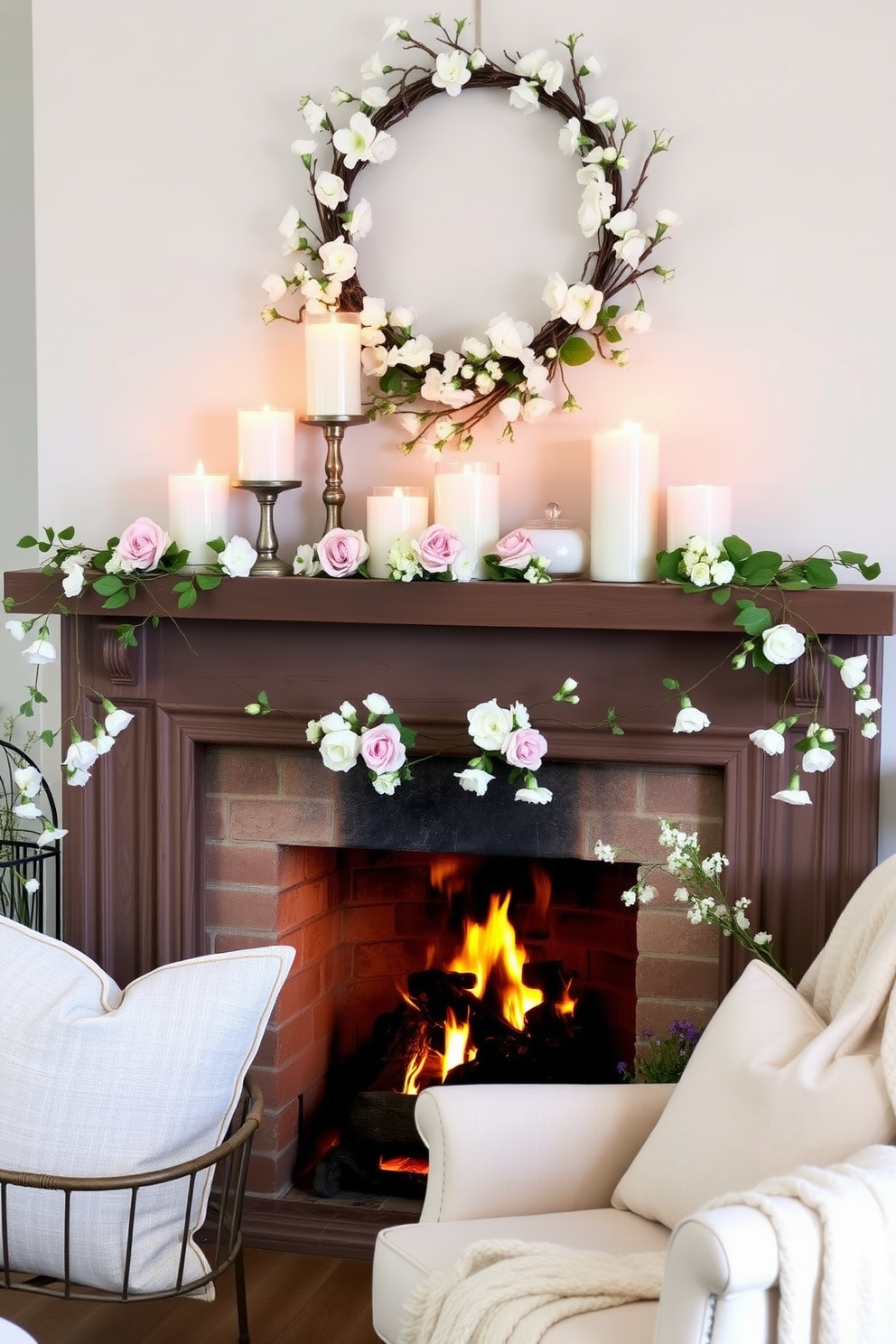 A cozy living room setting adorned with spring-themed candles. The candles are arranged on a rustic wooden mantel above a crackling fireplace, surrounded by fresh flowers and greenery. The fireplace is decorated with pastel-colored accents, including soft throw pillows and a light blanket draped over a nearby chair. A delicate wreath of blossoms hangs above the mantel, adding a touch of seasonal charm.