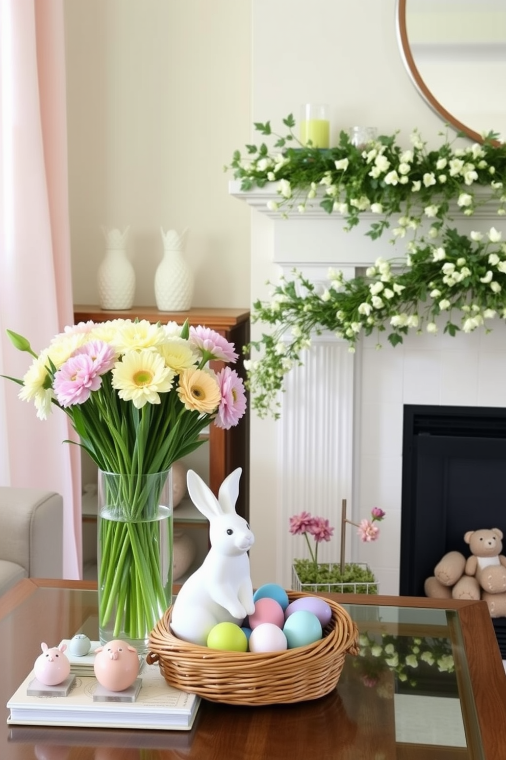 Easter themed decor with bunnies and eggs. The living room features a pastel color palette with decorative bunnies placed on the mantel and colorful eggs arranged in a basket. Spring fireplace decorating ideas. Fresh flowers in soft hues are arranged in a vase on the hearth, while a garland of greenery and delicate blossoms drapes across the mantel.