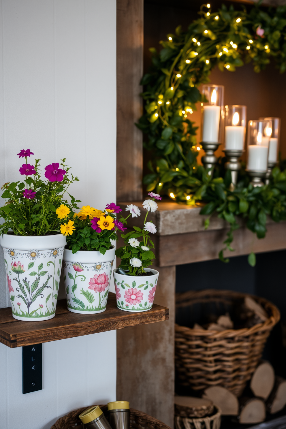 Hand-painted pots filled with vibrant herbs and blooming flowers are arranged on a rustic wooden shelf. The pots feature intricate designs that add a touch of artistry to the kitchen or garden space. A cozy fireplace is adorned with seasonal decorations, including lush greenery and delicate fairy lights. Elegant candle holders and a woven basket filled with logs complete the inviting atmosphere for spring gatherings.