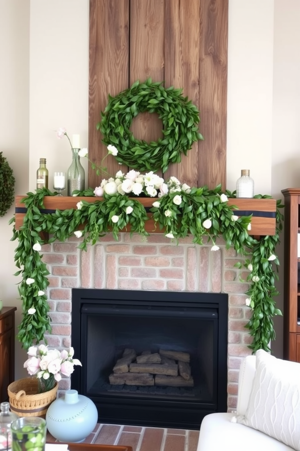 A cozy living room featuring a rustic mantel adorned with lush greenery garlands that cascade elegantly over the edges. The spring-themed decorations include delicate flowers and pastel accents, creating a warm and inviting atmosphere around the fireplace.