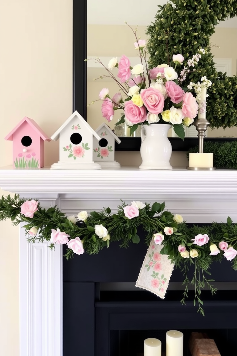 Decorative birdhouses for a spring touch. These charming birdhouses are painted in pastel colors and adorned with floral patterns, creating a whimsical outdoor display. Spring fireplace decorating ideas. The fireplace is decorated with fresh flowers in a vase, pastel-colored candles, and a garland of greenery, bringing a lively and inviting atmosphere to the room.