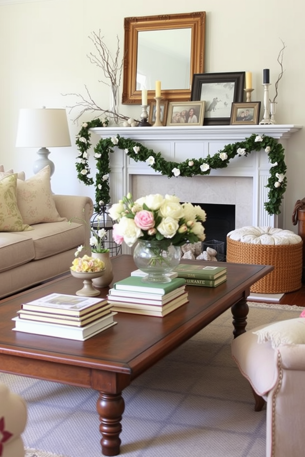 A cozy living room scene featuring a vintage wooden coffee table adorned with stacks of antique books. Surrounding the table are soft pastel accents like fresh flowers and decorative pillows that evoke the spirit of spring. The fireplace is beautifully decorated with seasonal elements such as a garland of blooming branches and pastel-colored candles. The mantel displays vintage frames with family photos, creating a warm and inviting atmosphere.