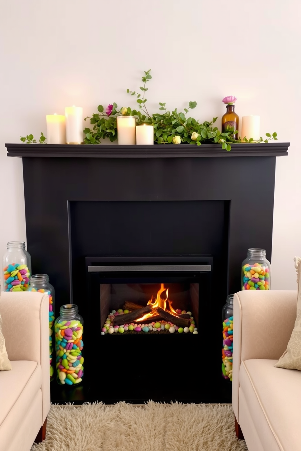 A cozy living room featuring a modern fireplace with a sleek glass front. Surrounding the fireplace, there are carefully arranged glass jars filled with colorful pebbles, adding a touch of nature and vibrancy to the space. The mantel above the fireplace is adorned with seasonal decorations, including fresh greenery and delicate candles. Soft, plush seating is arranged to create an inviting atmosphere, perfect for relaxing by the fire during spring evenings.