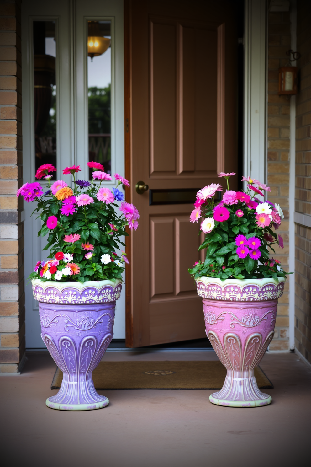 Colorful flower pots are placed on each side of a welcoming front door, bursting with vibrant blooms in various hues. The pots are made of ceramic with intricate designs, adding a touch of elegance to the entrance.