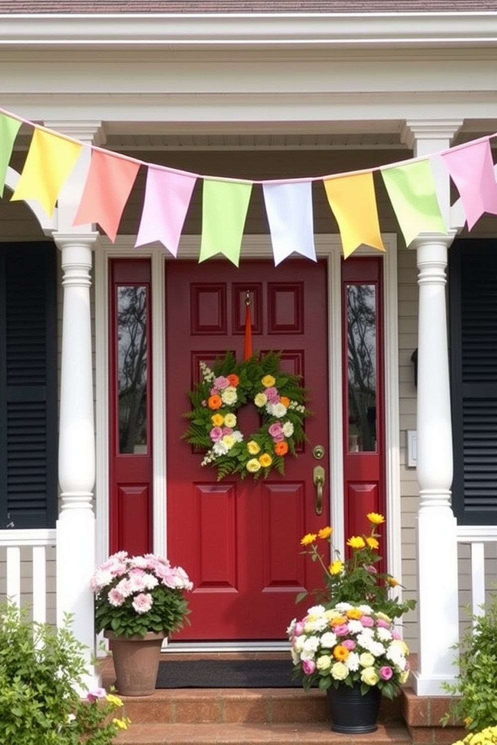 Cheery bunting flags in spring colors are strung across the front porch, creating a festive atmosphere. The flags feature pastel shades of pink, yellow, and green, fluttering gently in the breeze. The front door is adorned with a vibrant wreath made of fresh flowers and greenery, welcoming guests with a burst of color. Potted plants with blooming seasonal flowers flank the entrance, enhancing the cheerful spring vibe.