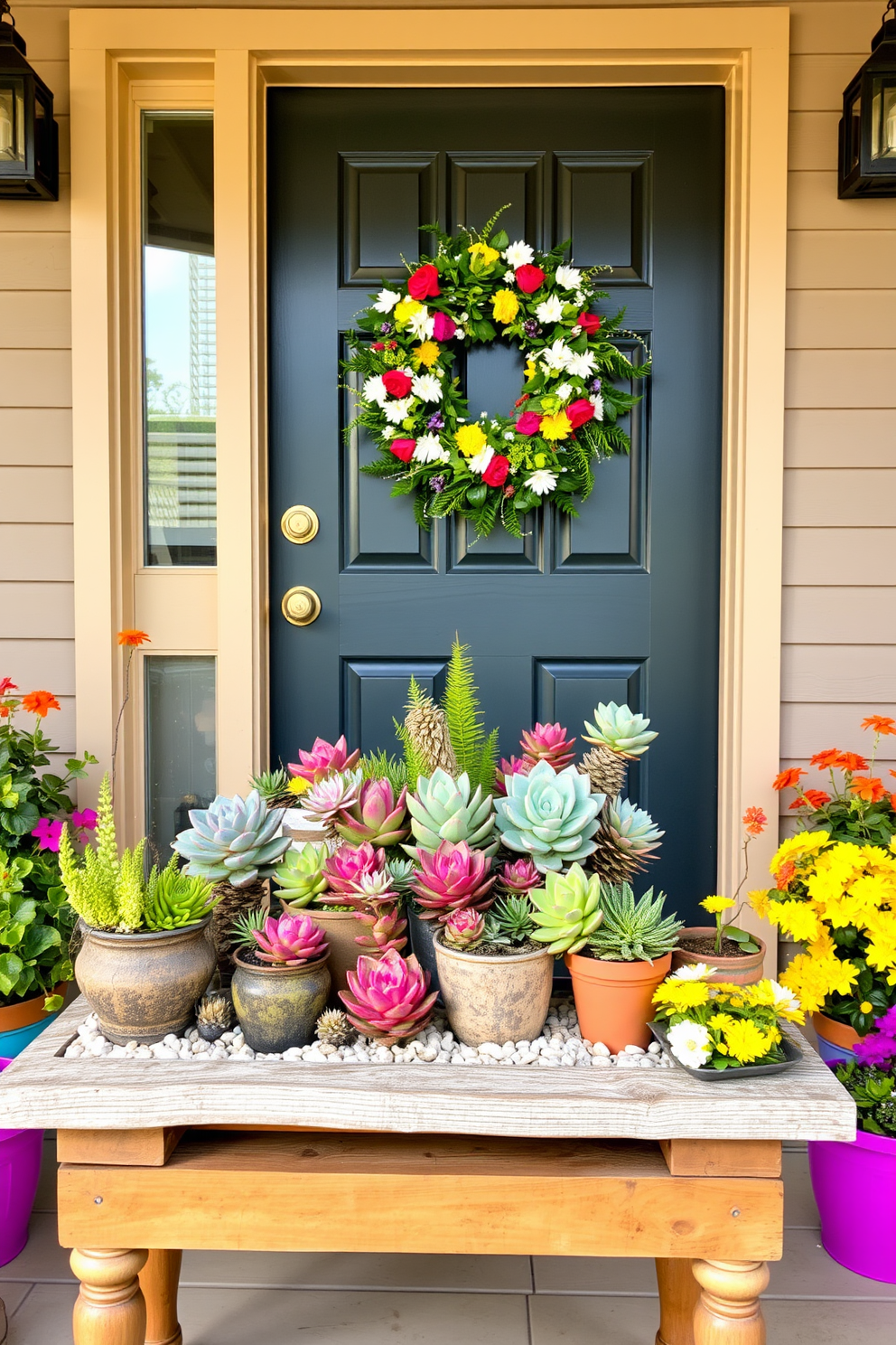 A vibrant succulent arrangement sits on a rustic wooden porch table. The table is adorned with a variety of colorful succulents in decorative pots, surrounded by natural elements like pebbles and small rocks. The front door features a cheerful spring wreath made of fresh flowers and greenery. Brightly colored potted plants flank either side of the door, creating an inviting entrance that welcomes guests.