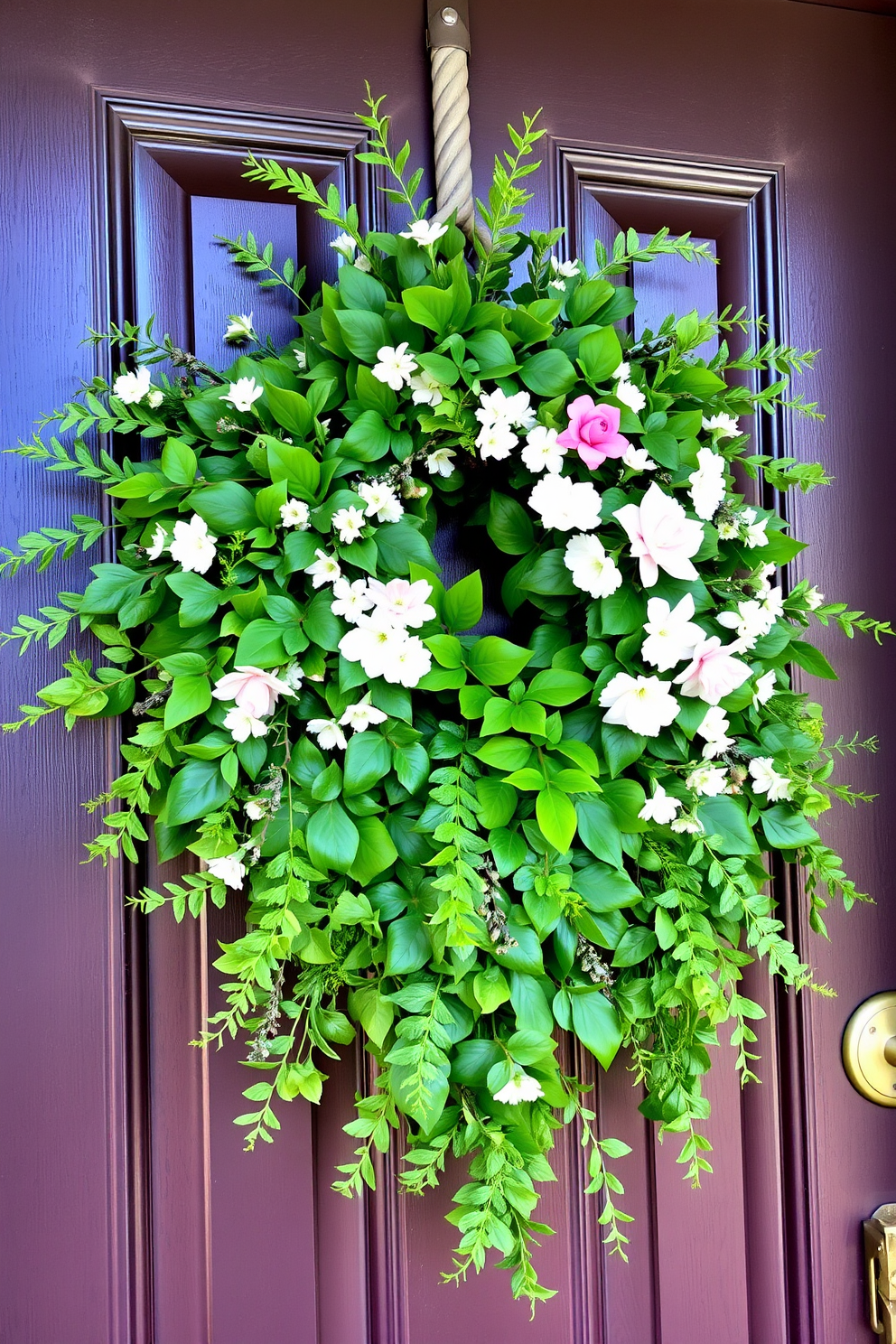 A seasonal door swag adorned with lush greenery welcomes guests with a vibrant touch of spring. The arrangement features a mix of fresh leaves and delicate flowers, creating a cheerful and inviting entrance.